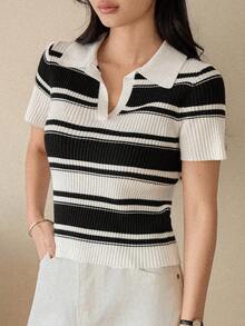 Dazy-Less Women's Striped Black & White Contrast Color Polo Collar Fitted Short Sleeve Sweater, Lightweight For Spring And Summer - Black and White - View 2