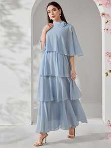 Veilorie Women's Solid Color Stand Collar 3D Floral Decor Multi-Tier Ruffle Hem Elegant Dress - Mint Blue - View 7