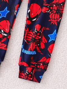 一套男婴紧身睡衣，春秋季蜘蛛侠和超级英雄印花圆领短袖长裤睡衣套装 - 藍色 - 查看 5