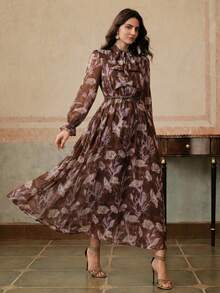 Anewsta Elegant Vintage Fashion Elegant Vintage Ruffled Waist Elastic Waist High Tolerance French Purple Laser Cut Digital Print Dress For Women - Rust Brown - View 3