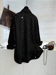 Franclia Áo sơ mi nữ dài tay dáng rộng, bóng bẩy, cài một hàng cúc, kiểu dáng thường ngày. - màu đen - Xem 2