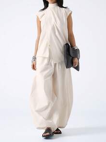 LYSMO 2026 New Arrive Minimalism Spring/Summer Women's Solid Color Stand Collar Asymmetric Hem Top And Wide Leg Pants With Slant Pockets 2 Pieces Set - Beige - View 4