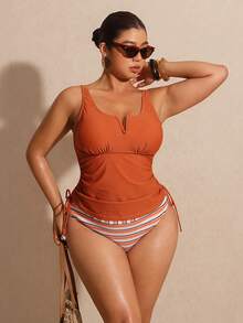 Elaquor Plus Size Solid Color Vest & Striped Triangle Tankini Set, Vacation Beach Spring/Summer Set For Women Spring/Summer Swimwear For Women - Multicolor - View 5