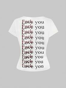 ROMWE Avant 极简主义基本款趣味口号印花圆领修腰短袖 T 恤 - 白色 - 查看 10