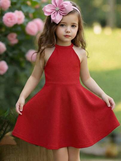 SHEIN Young Girl Casual And Elegant Solid Black Stand-Up Collar Sleeveless Waist A-Line Dress, Suitable For New Year, Valentine's Day, Birthday Party Dresses,Young Girl's Black Dress,Sisters Outfit
