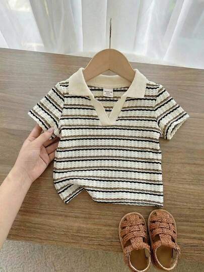 SHEIN 女婴条纹休闲Polo衫，百搭可爱，杏色