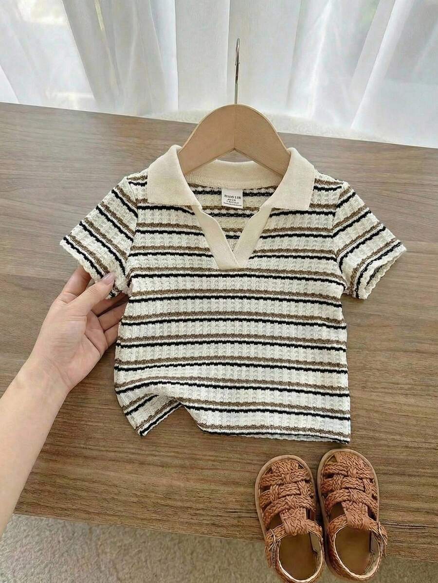 SHEIN 女婴条纹休闲Polo衫，百搭可爱，杏色 - 彩色 - 查看 1