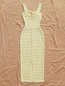 Soleia Women's Casual Striped Twist Sleeveless Midi Dress - Yellow - View 2