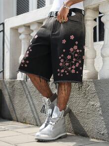 Manfinity EMRG Men's Casual Street Style Embroidered Black Denim Shorts - Black - View 1