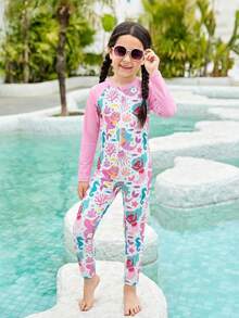 SHEIN 1 bộ đồ bơi liền thân dài tay in hình nàng tiên cá cho bé gái - Hồng - Xem 8