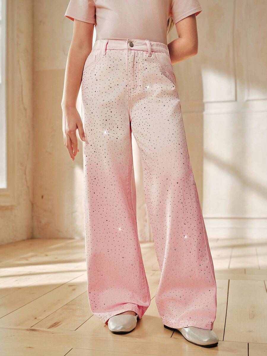 Anewsta Jeans rectos con efecto ombré rosa brillante y diamantes para niñas, primavera/verano - Rosa - Ver 1