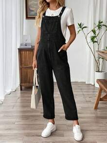 SHEIN Maternity Casual Minimalist Solid Color Drawstring Waist Denim Overalls With Rolled Hem - Black - View 3