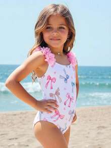 Emery Rose Kids Emery Rose Kids 女童条纹蝴蝶结花卉连体泳衣 - 白色 - 查看 5