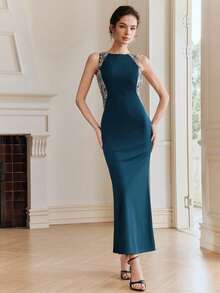 Anewsta Women's Fashionable New Dignified Style Beaded Sequin Sexy Backless Waist-Cinching Birthday Party High-End Formal Elegant Dress - Dark Green - View 4