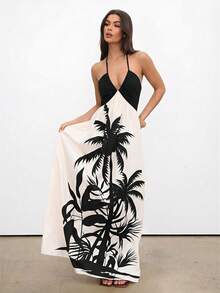 Aloruh Women's Summer Boho Tropical Maxi Dress,Palm Tree Print Halter Neck Backless Dress,Beach Vacation Holiday White Elegant Color Block Long Sundress - Multicolor - View 8