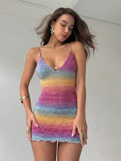 Aloruh Đầm dệt kim ôm sát người kiểu ombre dây mảnh dành cho nữ, mẫu mới mùa Xuân/Hè, đầm dự tiệc gợi cảm cho mùa lễ hội.