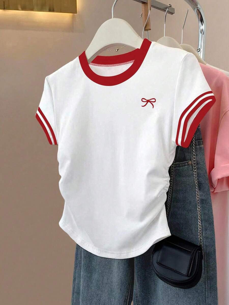 Blusa de manga corta con lazo de contraste de estilo preppy, cintura fruncida para niñas preadolescentes, camiseta casual y versátil - Multicolor - Ver 1