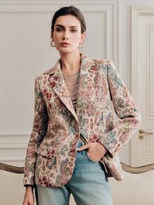 Anewsta Spring French Romantic Jacquard Women Blazer Jacket, Long Sleeve Loose Fit Slimming Commuter Elegant Outfit, Valentine's Day - Multicolor - View 3