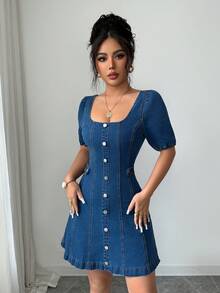 Elenzga Women's Square Neck Short Sleeve Single-Breasted Casual Denim Dress - Blue - View 3