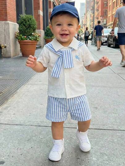 Souflis Souflis Set de 3 piezas para bebé niño recién nacido y niño pequeño de primavera/verano, versátil, con camisa de rayas negras y blancas tejida, pantalones cortos y capa desmontable de algodón