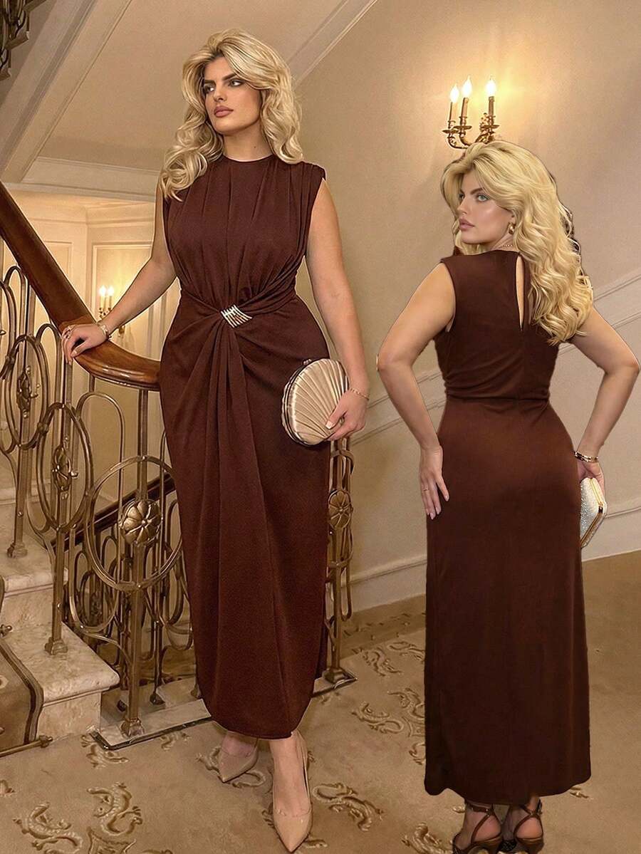 Dripcurv Brown Plus Size Long Knitted Dress For Women Sleeveless Round Neck Elegant Tank Style - Brown - View 1