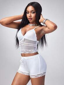 Y2Kool Women's Music Festival White Mesh-Like Paneled Sexy Sheer Halter Tank Top And Shorts Set, Fashionable V-Neck Loungewear Two-Piece, Summer Lightweight Fitted Ensemble. - White - View 5