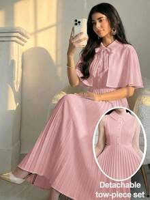 SHEIN Set Gaun Tanpa Lengan Berlipit dan Selendang Pesta Elegan untuk Remaja Perempuan - Berwarna merah muda - View 7