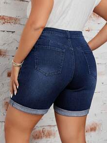 EMERY ROSE Plus Size Casual Denim Shorts, Fashionable For Summer - Dark Wash - View 2