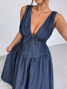 Firerie Đầm denim mùa hè cỡ lớn, kiểu dáng thường ngày, thắt eo phía trước. - Màu xanh lam - Xem 5