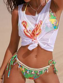 Swim Vcay Women's Letter & Abstract Print High Saturation Bikini Set With Coconut Tree Painting, Sweet & Cute Beach Party Vacation Style 3 PiecesBikini Set - Multicolor - View 3