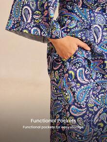 LUVLETTE 女士四季佩斯利花纹睡衣 - 宽松缎面和服套装，腰部系带，春夏秋冬皆宜 - 粉色 - 查看 5