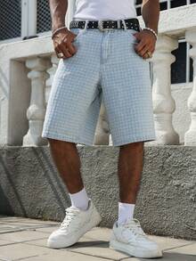 Manfinity EMRG Men's Casual Crochet Blue Denim Shorts, Street Fashion - Light Wash - View 5