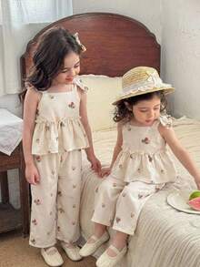 SHEIN LMoss Kids 女婴夏季可爱黄色条纹吊带背心和松紧腰裤套装 - 杏色 - 查看 3