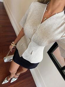 Strévra Women's Elegant Daily Office Commute Short Sleeve Single-Breasted Fitted Cardigan - Apricot - View 3