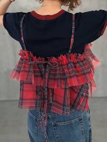 FRIFUL Mesh Plaid Lace-Up Layered Pleated Frill Trim Loose Casual Versatile Camisole Summer Graphic Tee - Red - View 7