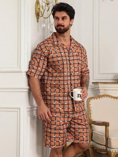 DAZY Men's Plaid Short Sleeve Top And Shorts Pajama Set, Summer