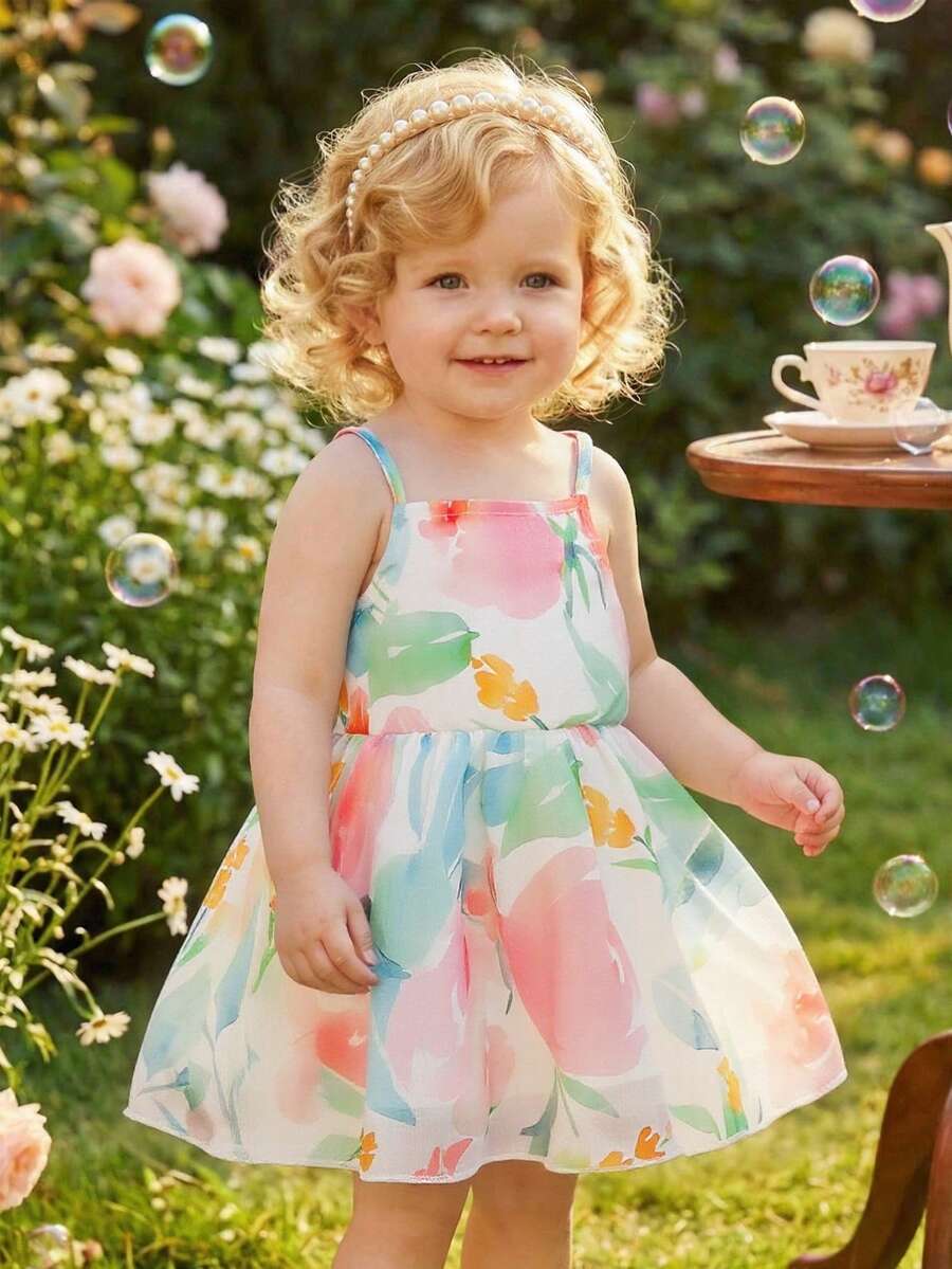 SHEIN 女婴碎花印花可爱吊带连衣裙，度假 - 彩色 - 查看 1