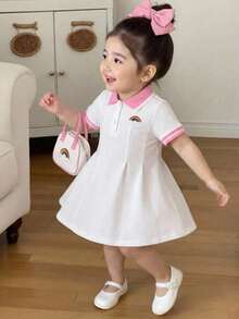 SHEIN Playful Pals 女婴白色休闲连衣裙，罗纹领口和袖口，适合休闲穿着、户外活动、运动和聚会。 - 粉色 - 查看 11