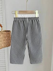 SHEIN LMoss Kids Quần dài cạp chun kẻ sọc hồng dễ thương, đa năng cho bé gái, thích hợp cho mùa xuân/hè. - màu đen - Xem 2