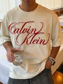 Manfinity Dauomo 男士休闲日常字母图案圆领短袖T恤，夏季 - 彩色 - 查看 3