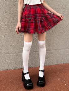 FRIFUL Women's Summer Casual Collegiate Style Patterned Ruffle Hem A-Line Skirt - Red - View 1
