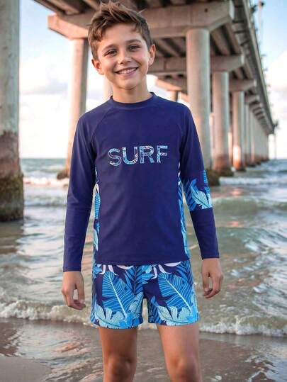 Tween Boys Swimwear, Green Coconut Tree Print Casual Sporty Swimsuit, Suitable For Vacation And Summer