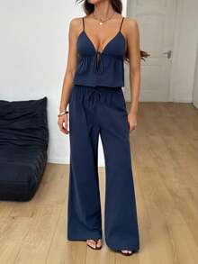 SHEIN Tall 2pcs Women Cotton Linen Camisole And Long Pants Set, Dark Blue Cotton 2 Pieces Set Spaghetti Strap Top And Palazzo Pants Womens Casual Palazzo Set - Navy Blue - View 2