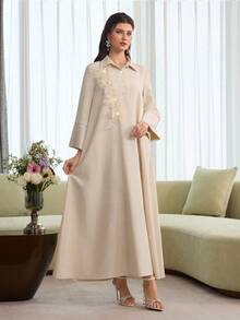 Al Najma Elegant Lapel Applique Loose Flared Long Casual Robe For Women - Apricot - View 6