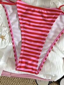 Swim Mod 2pcs Women's Bikini Set, Halter Neck Adjustable Tie Waist Watermelon Striped Print Swimsuit, Bohemian Style Beach Club Vacation Outfit, Sweet Mature Retro Elegant - Red - View 3