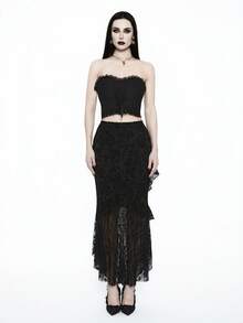 Glisette Women's Black Flocked Lace Trim Asymmetric Hem Goth Skirt Set,Elegant Gothic Two Piece Dress For Party,Autumn Bohemian Vacation,Western Goth Clothes - Black - View 1