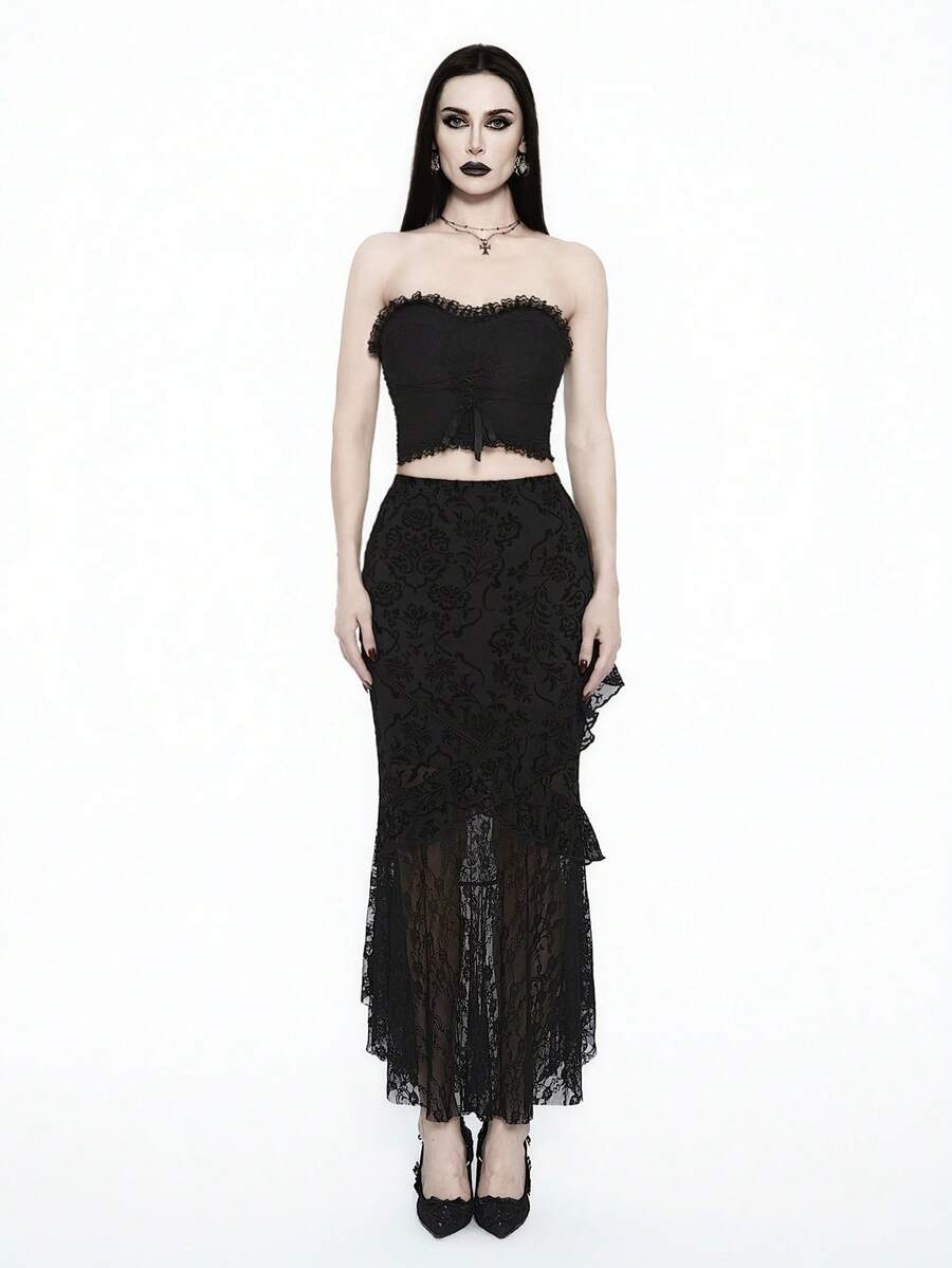 Glisette Women's Black Flocked Lace Trim Asymmetric Hem Goth Skirt Set,Elegant Gothic Two Piece Dress For Party,Autumn Bohemian Vacation,Western Goth Clothes - Black - View 1