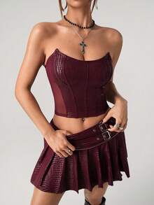 SHEIN ICON Women's Solid Color Fashionable Bandeau Top, Short Fitted Ribbed Design - Burgundy - View 1