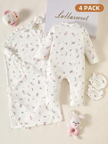 SHEIN 4pcs Newborn Baby Girl White Ditsy Floral Gift Set Cute Autumn Holiday Soft Knit Romper Bow Headband Mittens Swaddle Blanket 0-9 Months Layette - White - View 3