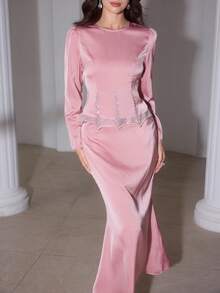 Modelyn 女士法式高端粉色长袖上衣，腰部收紧，搭配鱼尾裙摆两件套 - 藕粉色 - 查看 7
